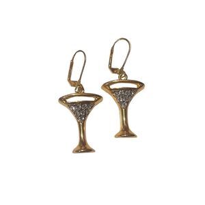 Gold Plated Martini Glass Dangle Earrings Paved Rhinestone Ice Cubes Women